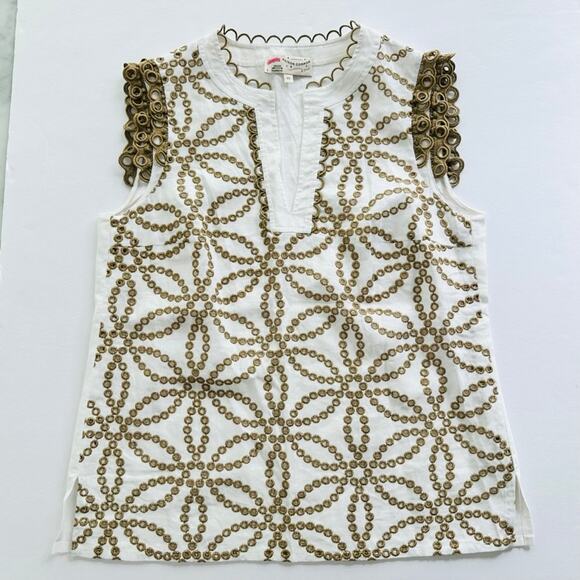 Maison Common Embroidered Linen Eyelet Cream Sleeveless Top Size 40 Beach Yacht - Picture 2 of 9